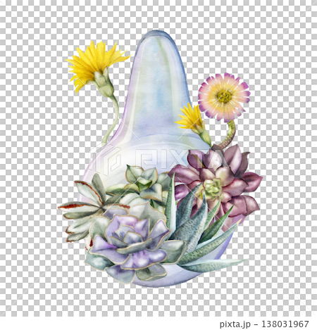 Succulent rosettes, flowering cacti stalk plants in glass bulb florarium. Isolated illustration hand drawn in watercolor. Organic cosmetics and skincare, handmade candles and soaps, zero-waste stores Succulent rosettes, flowering cacti stalk plants in glass bulb florarium. Isolated illustration hand drawn in watercolor. Organic cosmetics and skincare, handmade candles and soaps, zero-waste stores 138031967