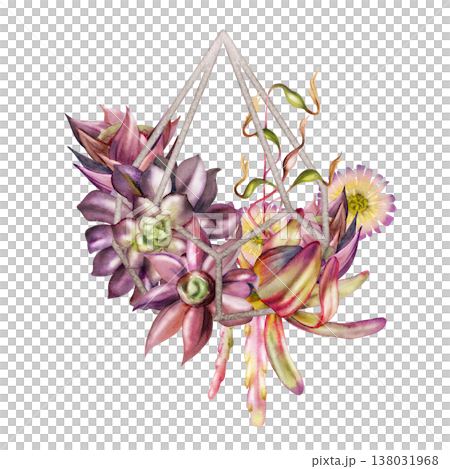 Exotic flowers, vines, rosette succulents in diamond pyramid silver wireframe holder hand painted in watercolor. Isolated illustration for interior design logos, lifestyle blogs, modern invitations. Exotic flowers, vines, rosette succulents in diamond pyramid silver wireframe holder hand painted in watercolor. Isolated illustration for interior design logos, lifestyle blogs, modern invitations. 138031968