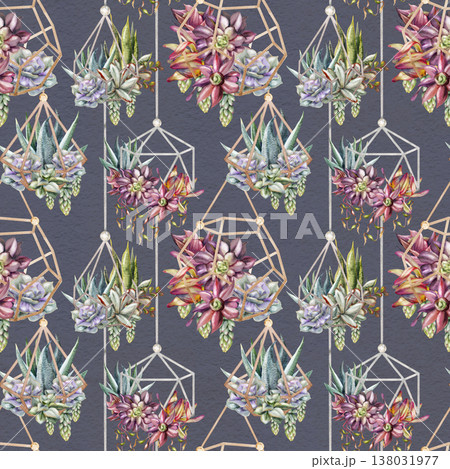 Decorative assorted succulents, cacti suspended in wireframe metal terrarium planters. Isolated hand drawn watercolor illustration. Seamless pattern for urban interior branding, plant studio websites 138031977