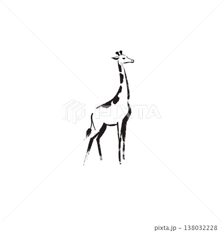 筆で描かれたキリンの墨絵イラスト・和風水墨画の動物アート素材・透過 138032228