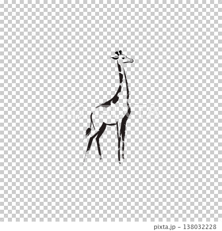 筆で描かれたキリンの墨絵イラスト・和風水墨画の動物アート素材・透過 138032228