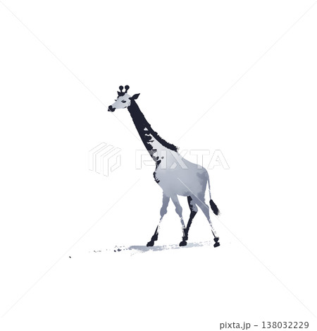 筆で描かれたキリンの墨絵イラスト・和風水墨画の動物アート素材・透過 138032229