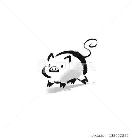 豚の墨絵イラスト・和風水墨画の動物アート素材・透過 138032283