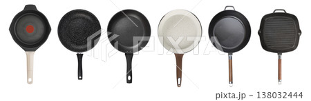 Collection of different frying pans isolated on white background 138032444