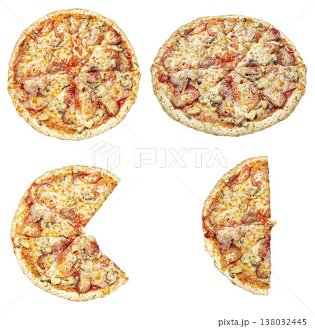 A professional set of tasty pizzas featuring two whole pizzas 138032445