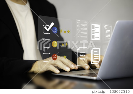 Satisfaction survey, service experience on online application, Customer give rating to service on application. questionnaire for experience or customer satisfaction research. Five star show on hand. 138032510