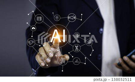 Business hand holding touching AI icon networks. With artificial intelligence (AI)and information exchange, AI machine learning language. Cyber security system using AI technology. 138032511