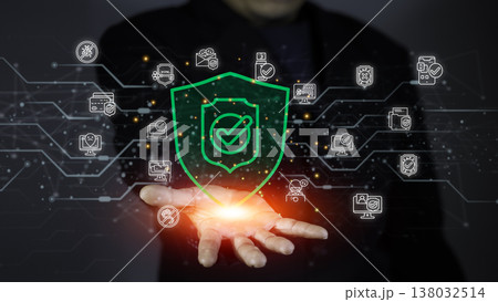 Cybersecurity and privacy to protect Information on Internet Network. Lock icon on hand to protect data and internet network security technology. Futuristic virtual screen interface Technology. Cybersecurity and privacy to protect Information on Internet Network. Lock icon on hand to protect data and internet network security technology. Futuristic virtual screen interface Technology. 138032514