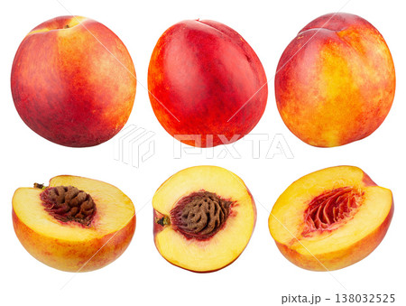 Collection of ripe nectarine fruits isolated on white background. 138032525