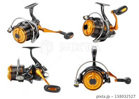 Modern spinning fishing reel in black and gold colors designed for feeder and carp fishing. Modern spinning fishing reel in black and gold colors designed for feeder and carp fishing. 138032527