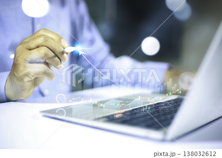 Investment and stock market growth concept showing rising arrow, candlestick chart, financial data and global business analytics background. 138032612