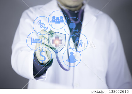 Longevity concept with doctor holding digital health icons, medical protection and healthy lifestyle symbols 138032616