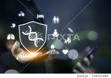 Longevity Concept with Hand Touching Digital Health Icons, Wellness, Medical Care, DNA, and Healthy Aging Technology, 138032988