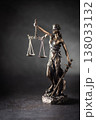 A bronze statue of Justice stands against a dark, textured background with dramatic side lighting. The figure holds scales symbolizing justice in one hand and a sword in the other, her eyes covered by 138033132