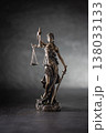 A bronze statue of Justice stands against a dark, textured background with dramatic side lighting. The figure holds scales symbolizing justice in one hand and a sword in the other, her eyes covered by 138033133