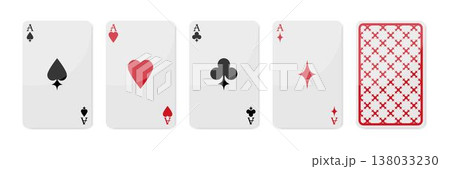 Playing cards design set with back side. Ace of Spades, Hearts, Diamonds and Clubs. Vector illustration Playing cards design set with back side. Ace of Spades, Hearts, Diamonds and Clubs. Vector illustration 138033230