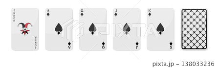 Set of high value playing cards of Spades. Joker, Ace of Spades, Queen, Jack and King. Playing cards design set with back side. Vector illustration Set of high value playing cards of Spades. Joker, Ace of Spades, Queen, Jack and King. Playing cards design set with back side. Vector illustration 138033236