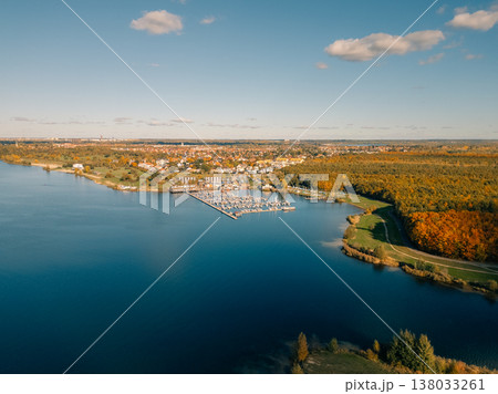 Germany- Saxony- Leipzig- Aerial view of marina on Cospudener See lake Germany- Saxony- Leipzig- Aerial view of marina on Cospudener See lake 138033261