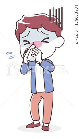 ティッシュで鼻をかむ男性のイラスト（風邪・鼻水・花粉症） 138033538