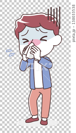 Illustration of a man blowing his nose with a tissue (cold, runny nose, hay fever) 138033538