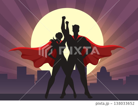 Superhero couple standing on rooftop 138033652