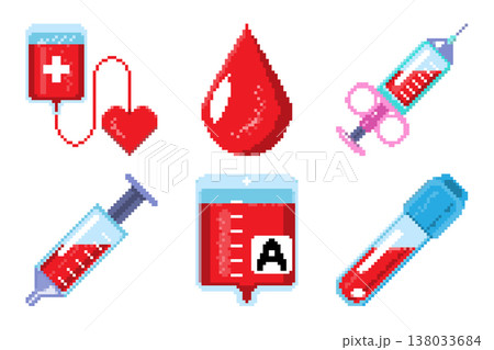 Blood donation pixel art icons set including blood bags, syringes, test tubes, and heart symbols for medical and healthcare concepts. Vector illustration. Blood donation pixel art icons set including blood bags, syringes, test tubes, and heart symbols for medical and healthcare concepts. Vector illustration. 138033684