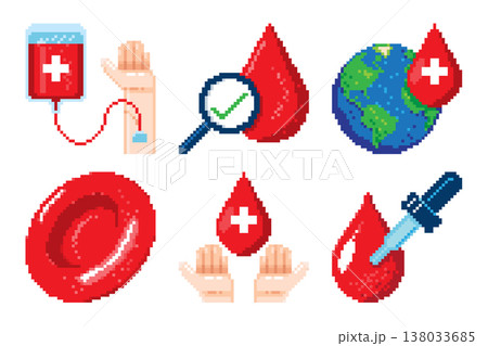 Blood donation pixel art icons set including blood bags, hands, earth globe, red blood cells, and magnifying glass for health screening and global charity. Vector illustration Blood donation pixel art icons set including blood bags, hands, earth globe, red blood cells, and magnifying glass for health screening and global charity. Vector illustration 138033685