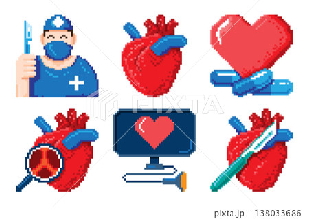 Heart surgery pixel art icons set including a surgeon, anatomical heart, scalpel, echocardiogram, and pills for cardiology concepts. Vector illustration. Heart surgery pixel art icons set including a surgeon, anatomical heart, scalpel, echocardiogram, and pills for cardiology concepts. Vector illustration. 138033686