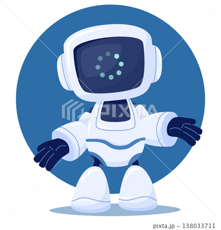 A cute, white cartoon android character with a screen for a face. robot is searching for information processing or frozen A cute, white cartoon android character with a screen for a face. robot is searching for information processing or frozen 138033711