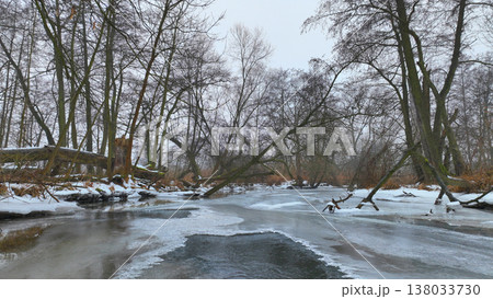 Meandering river flood forest wetland in winter melting snow thin ice frost water aerial drone view shot fallen died trees or wood, clear clod water. Dynamic floodplain forest Litovelske Pomoravi Meandering river flood forest wetland in winter melting snow thin ice frost water aerial drone view shot fallen died trees or wood, clear clod water. Dynamic floodplain forest Litovelske Pomoravi 138033730