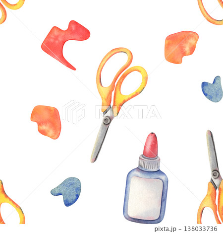 Hand-painted watercolor pattern with scissors, colored paper pieces, glue bottle on white background. Creative, playful design ideal for kids crafts, nursery education, stationery, packaging, branding 138033736
