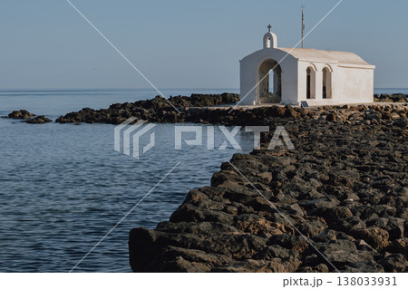 Iconic seaside chapel: the small church of Agios Nikolaos standing on a pier in Georgioupoli, Crete 138033931