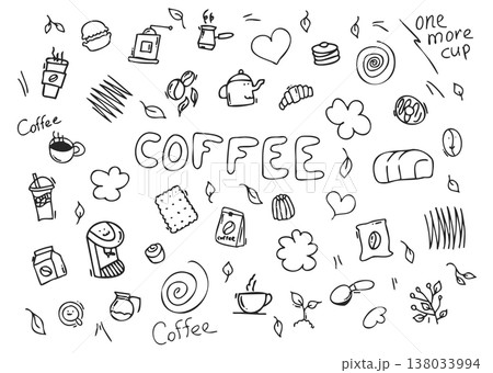 Coffee doodle elements, hand drawn coffee cups and bakery line art set Coffee doodle elements, hand drawn coffee cups and bakery line art set 138033994