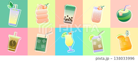 Tropical beverage vector set with colorful cocktails, bubble tea and fresh drinks on pastel backgrounds Tropical beverage vector set with colorful cocktails, bubble tea and fresh drinks on pastel backgrounds 138033996