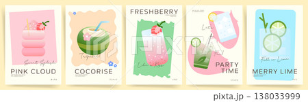 Summer Drink Poster Set. Cute Pastel Beverage Templates with Coconut, Berry Soda, Lime Cocktail and Refreshing Tropical Mocktails. Minimal Cafe Flyer Collection for Menu Design, Wall Art, Social Medi Summer Drink Poster Set. Cute Pastel Beverage Templates with Coconut, Berry Soda, Lime Cocktail and Refreshing Tropical Mocktails. Minimal Cafe Flyer Collection for Menu Design, Wall Art, Social Medi 138033999
