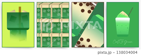 Matcha beverage poster set with green cafe drink illustrations, modern minimal layouts, and refreshing dessert tea design. 138034004