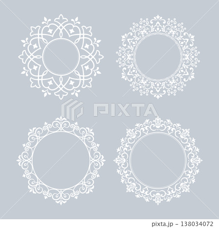 Set of decorative frames Elegant vector element for design in Eastern style, place for text. Floral gray and white frames. Lace illustration for invitations and greeting cards 138034072