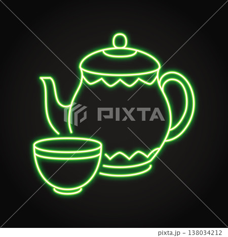 Teapot and cup neon icon Teapot and cup neon icon 138034212