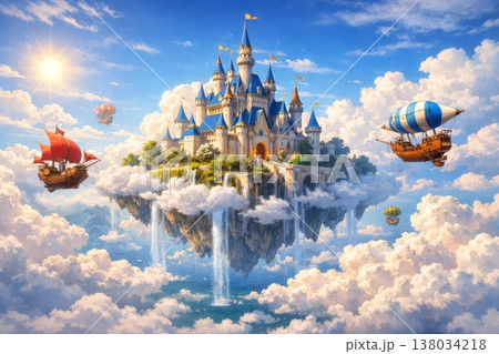 雲の王国に浮かぶ天空の城と飛行船のファンタジー世界 138034218