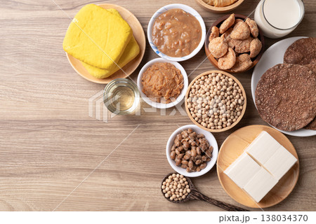 Assorted soy products on wooden background Assorted soy products on wooden background 138034370