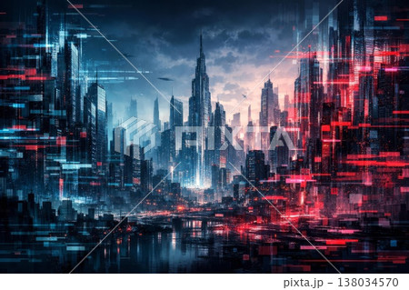 未来都市とデジタルグリッチが融合したディストピア都市景観 138034570