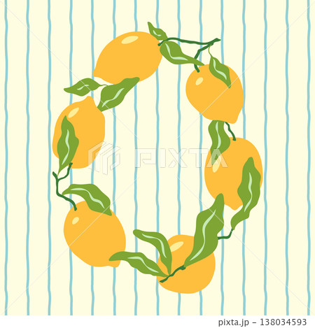 Lemons wreath card vector illustration. Fresh yellow citrus and leaves border frame on striped background. Decorative modern summer fruit Italian inspired design for invitation, stationery, packaging 138034593