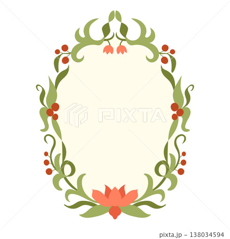Floral frame vector illustration. Ornamental botanical border with green leaves, flowers, red berries isolated on white background. Elegant decorative oval template with copy space in flat style Floral frame vector illustration. Ornamental botanical border with green leaves, flowers, red berries isolated on white background. Elegant decorative oval template with copy space in flat style 138034594