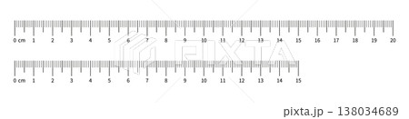 Set of measuring chart with 15cm and 20 centimeters. Length measurement height, math, distance, Sewing tool. Collection of ruler scale 150 mm and 200mm with numbers. Templates of ruler scale. 138034689