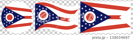 Flags of the state of Ohio collection. Ohio waving flag. Round State flag icon. Standard color and size. Rectangular Ohio flag. Digital illustration. 138034697