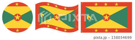 Grenadian national flags collection. Waving flag of Grenada, round flag and rectangular flag of Grenada isolated. Grenadian national flags collection. Waving flag of Grenada, round flag and rectangular flag of Grenada isolated. 138034699