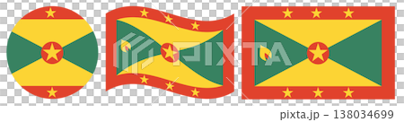 Grenadian national flags collection. Waving flag of Grenada, round flag and rectangular flag of Grenada isolated. Grenadian national flags collection. Waving flag of Grenada, round flag and rectangular flag of Grenada isolated. 138034699