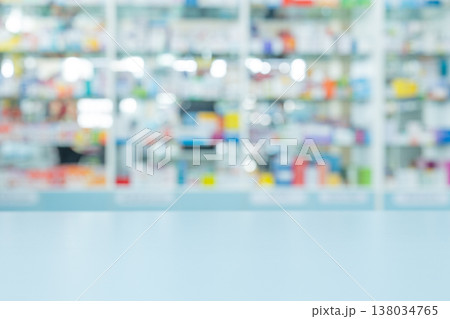 Pharmacy shop counter background. Drugstore blur for background. Medicine vitamin supplements advertising backdrop. Pharmacy shop counter background. Drugstore blur for background. Medicine vitamin supplements advertising backdrop. 138034765