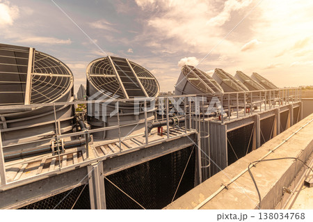 HVAC Air Chillers on Rooftop Units. Air Conditioner, Air Cooling Tower system hot weather summer. 138034768