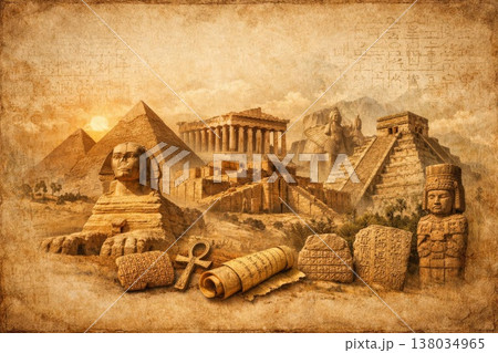 古代文明の遺跡コラージュとパーチメント背景の歴史コンセプト 138034965